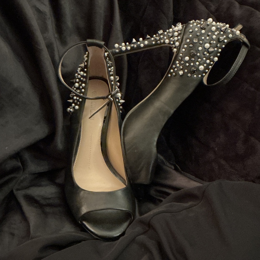 Gianni Bini Black Studded Peep-Toe Heels with Ankle Tie